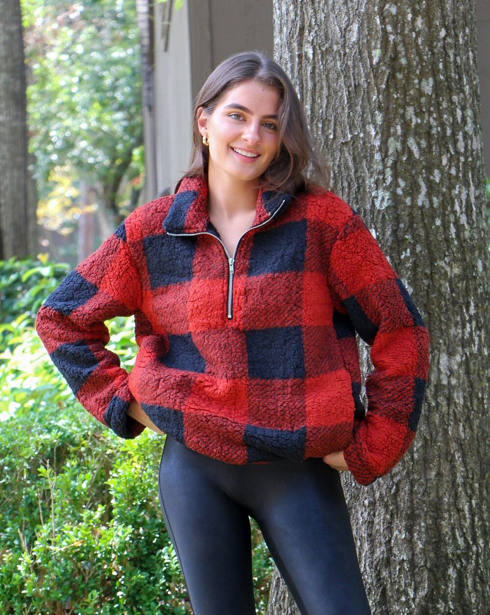 MEROKEETY Women's Plaid Sherpa Fleece Zip Pullover Jacket Medium